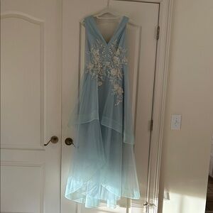 BCBGMaxAzria Sky Blue Maxi Dress with Ivory Embroidery and beading .